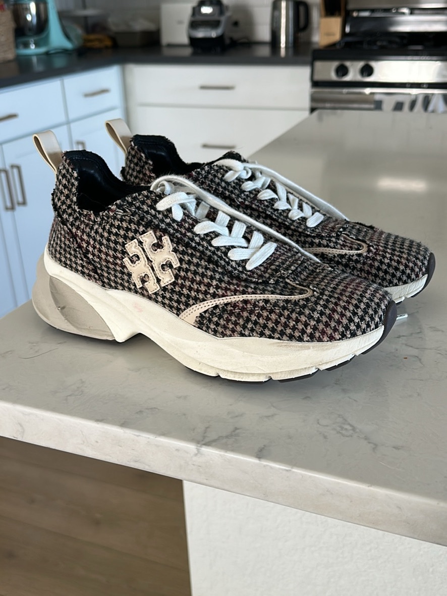 Tory Burch Good Luck Tweed Houndstooth New Ivory Sneakers 9.5